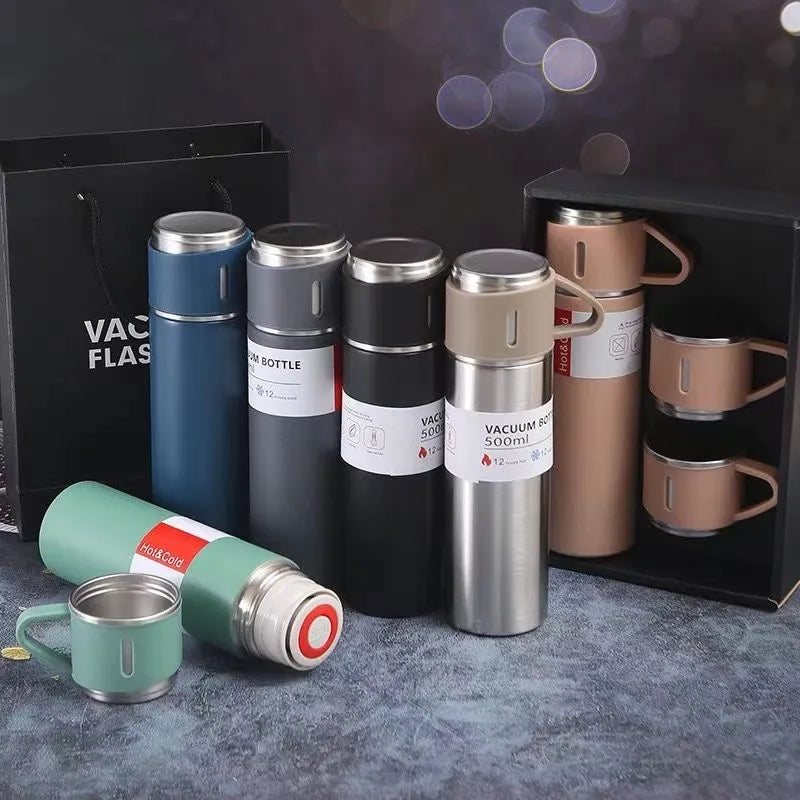 STAINLESS STEEL VACUUM INSULATED BOTTLE WITH 3 CUPS