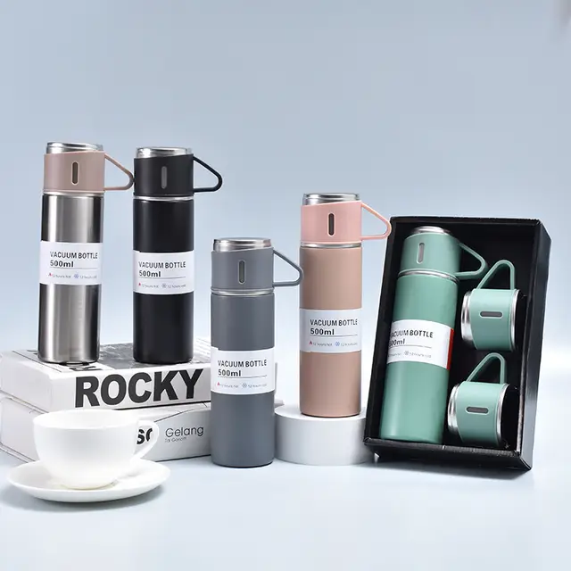 STAINLESS STEEL VACUUM INSULATED BOTTLE WITH 3 CUPS