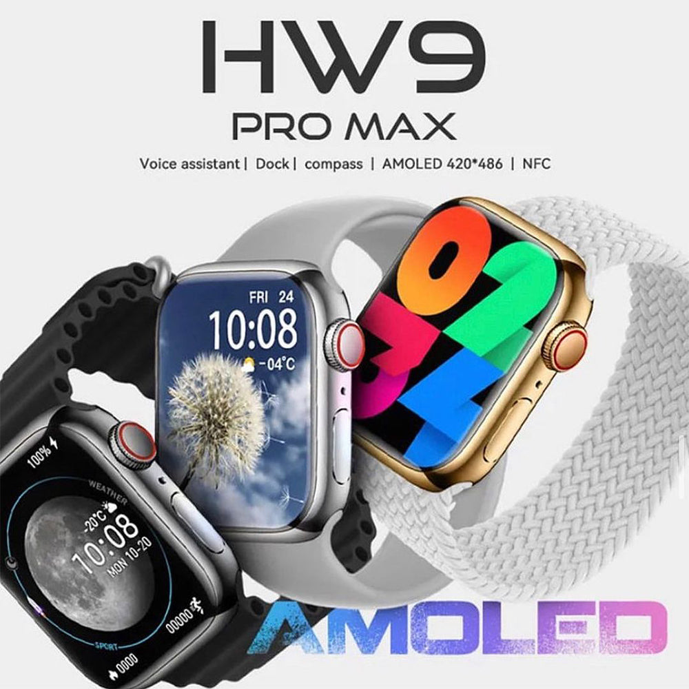 HW9 PRO MAX SUPER AMOLED 2.2 INCH " SCREEN COMPASS SERIES 9 NFC HEART RATE BLOOD SUGAR BLUETOOTH CALLING SMART WATCH (3 STRAPS)