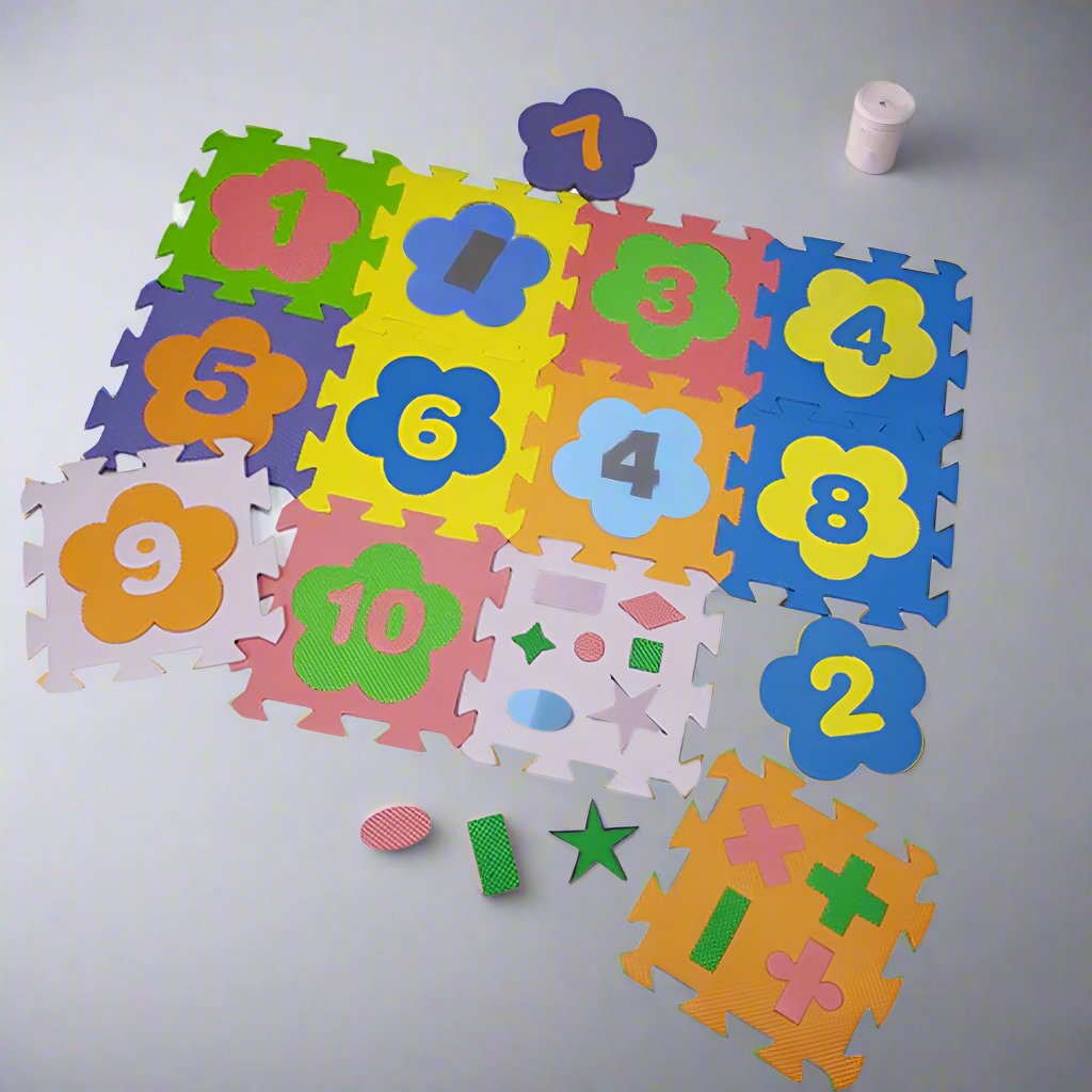 MULTICOLOR FLOWER SHAPED NUMERICAL PUZZLE PLAY MAT - 12 PCS