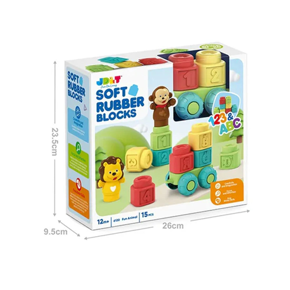 SOFT EDUCATIONAL RUBBER ANIMAL BUILDING BLOCKS - 15 PIECES