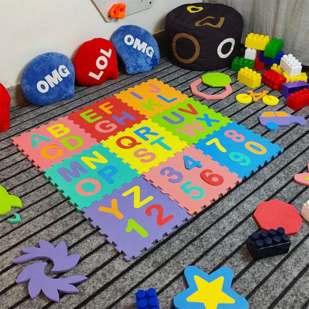 MULTICOLOR ALPHANUMERIC EDUCATIONALOL JIGSAW PUZZLE MAT 9 TILES 36 CHARACTERS