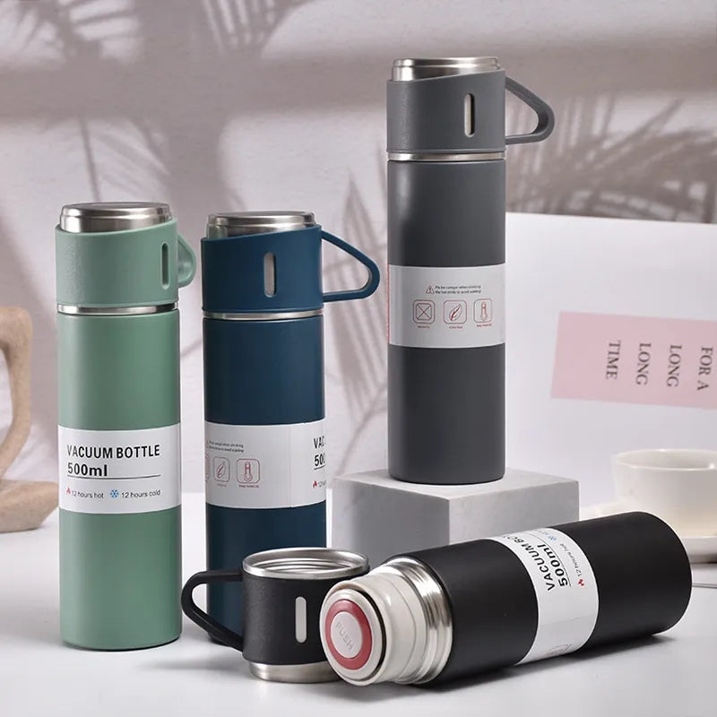 STAINLESS STEEL VACUUM INSULATED BOTTLE WITH 3 CUPS