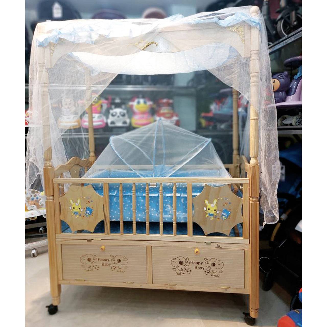 BABY WOODEN BED & SWING WITH WOODEN PILLER - LIGHT WOOD