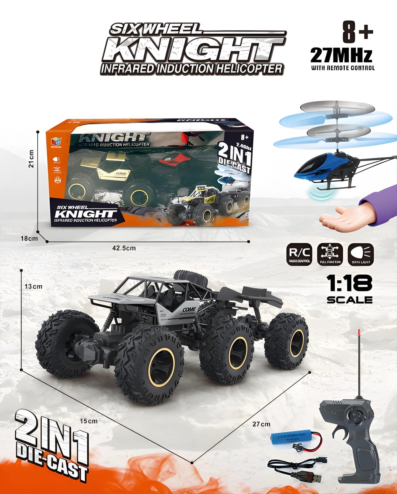 1:18  2-IN-1 SIX-WHEEL KNIGHT RC TRUCK & HELICOPTER SET