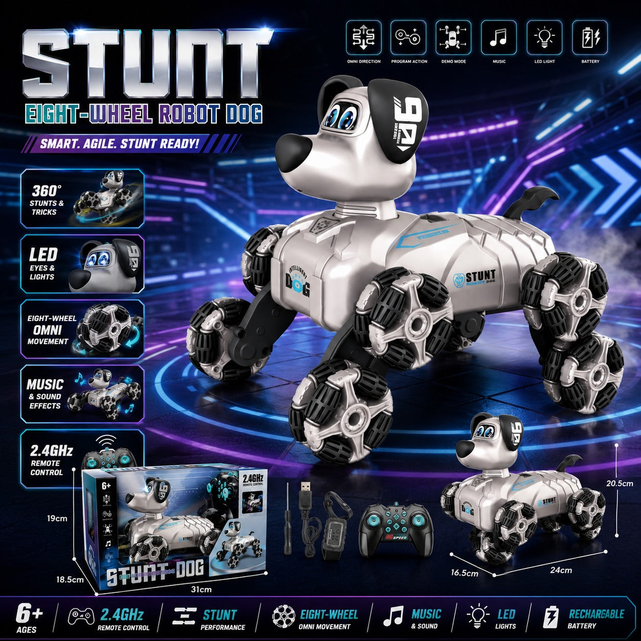 STUNT EIGHT-WHEEL ROBOT DOG – SMART, AGILE & FUN