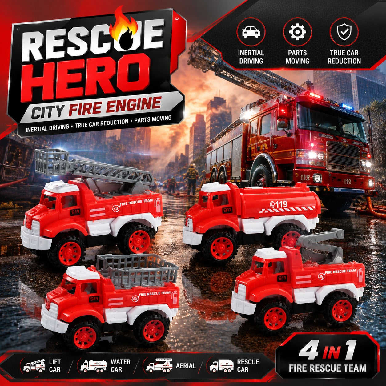 RESCUE HERO – 4 IN 1 CITY FIRE ENGINE SET ( Pack of 4 )