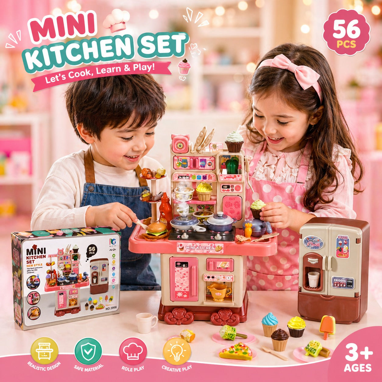 MINI KITCHEN SET WITH FRIDGE BATTERY OPERATED FOR KIDS ( 56 PCS )
