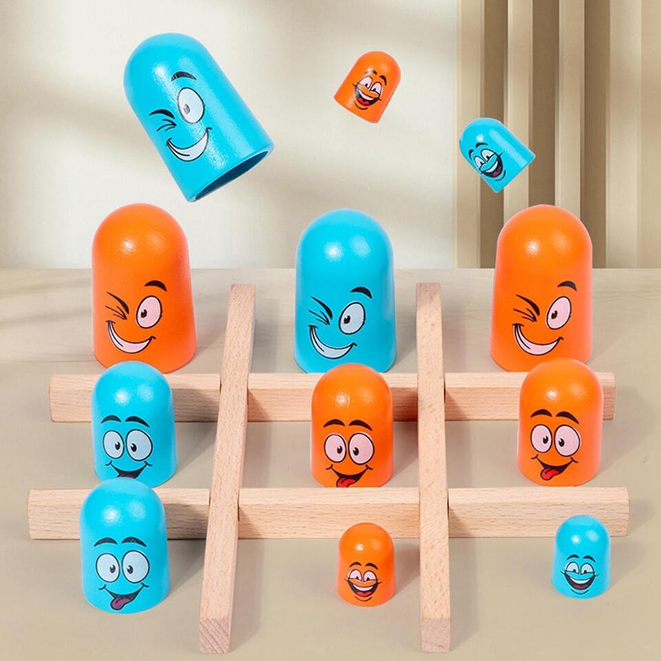 WOODEN EMOJI TIC TAC TOE TACHE BOARD GAME