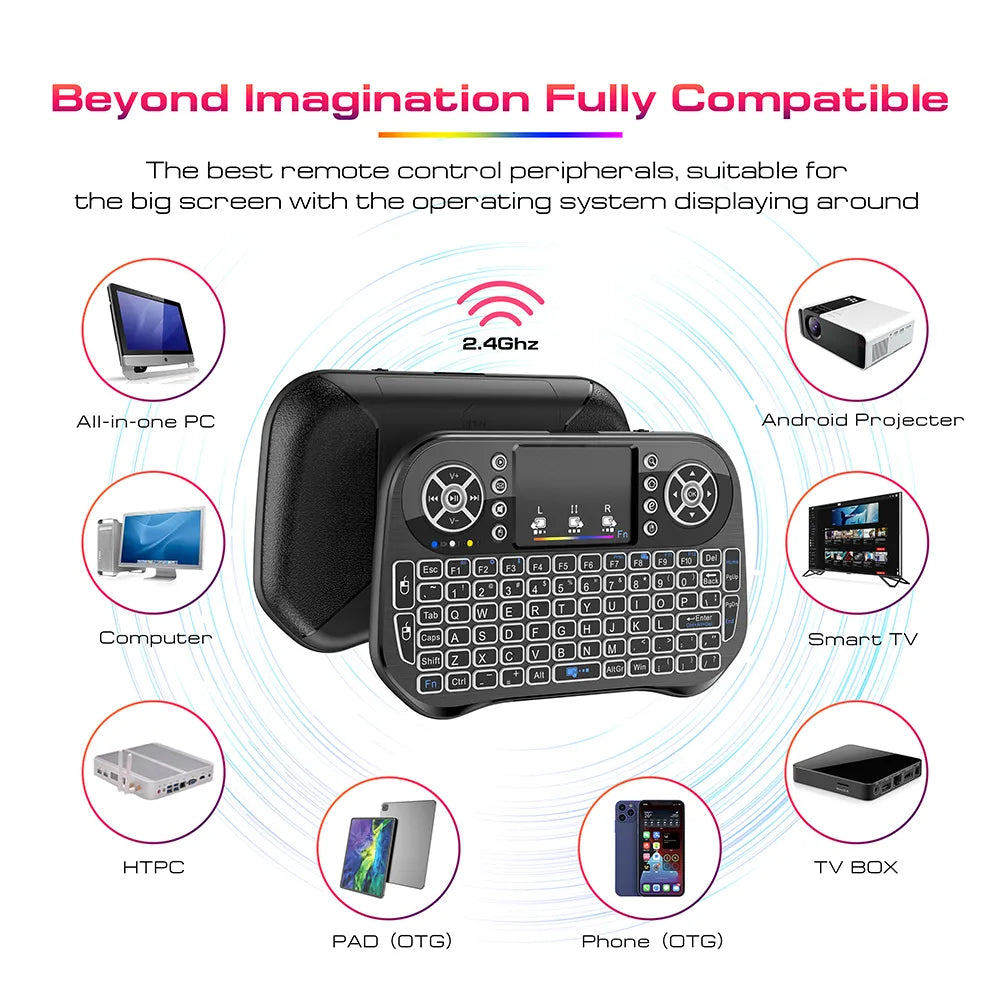 I10 MINI WIRELESS KEYBOARD + BLUETOOTH KEYBOARD WITH 7 COLOR BACKLIGHT - MINI KEYBOARD WITH RGB LIGHTS - 2.4G FLY AIR MOUSE TOUCHPAD FOR SMART LED TV/PC/ANDROID BOX/WINDOWS/MAC