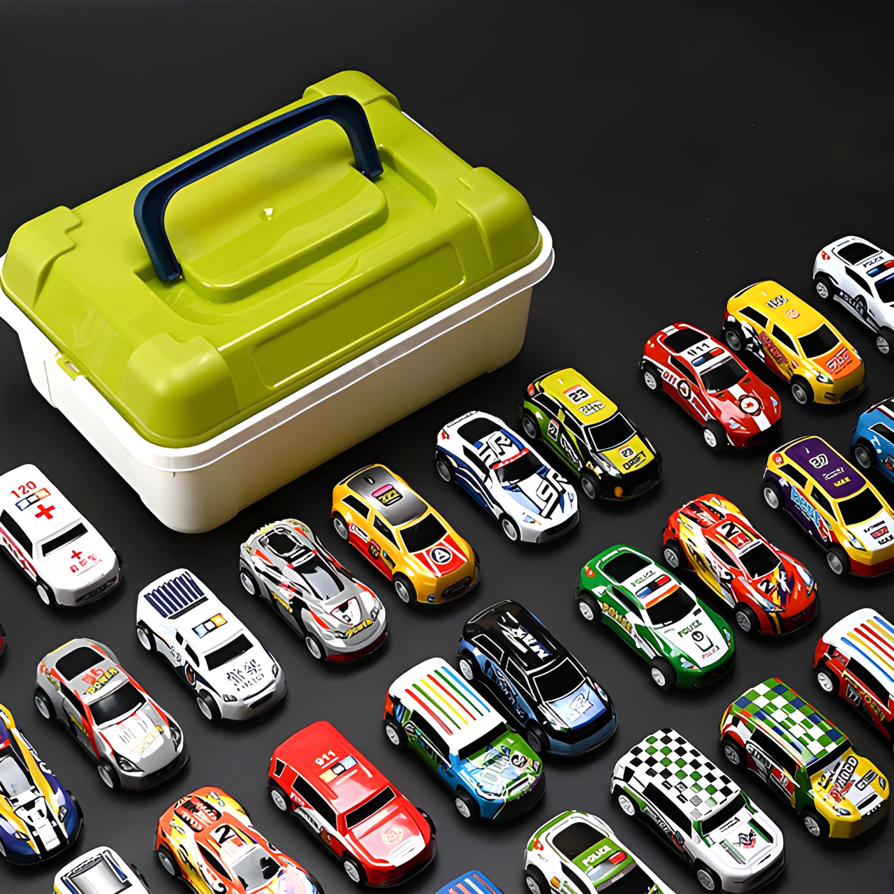 12-PIECE PULL-BACK CAR SET - ASSORTED VEHICLES WITH STORAGE CASE