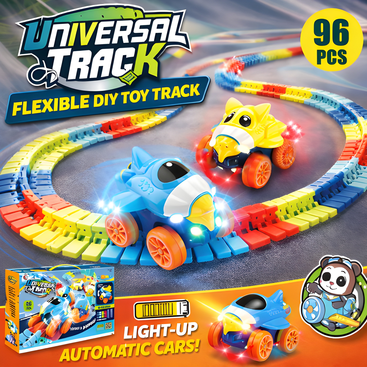 UNIVERSAL FLEX TRACK SET - 96-PIECE DIY RACING TRACK WITH LIGHT-UP CAR