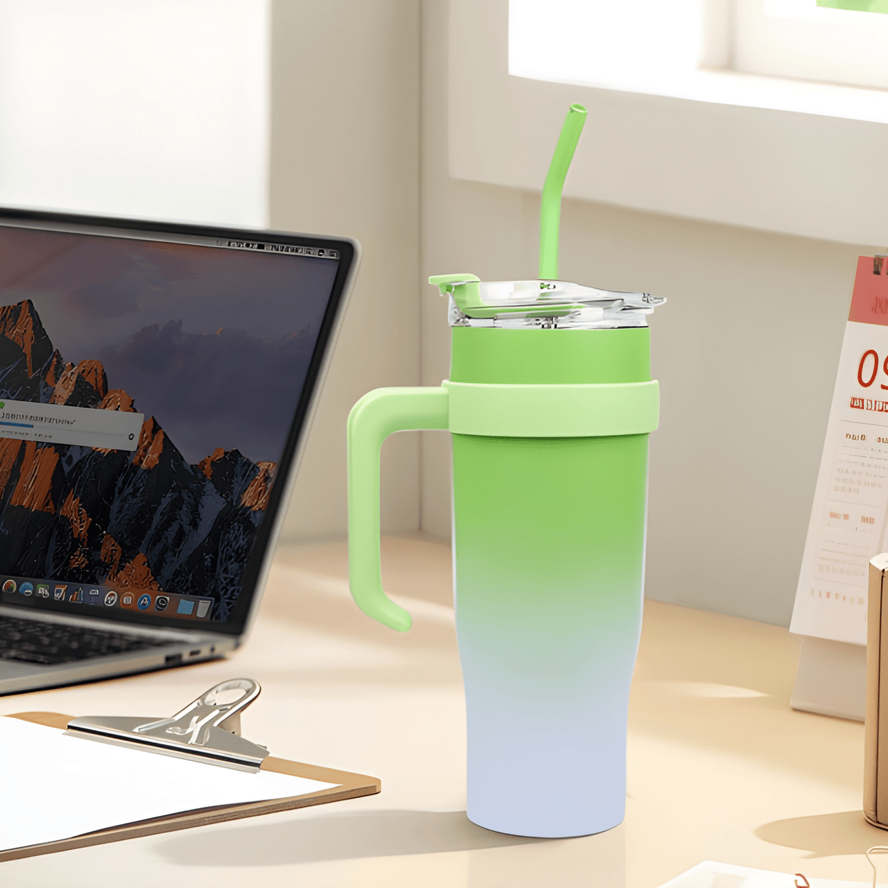 GRADIENT TRAVEL TUMBLER WITH HANDLE & STRAW