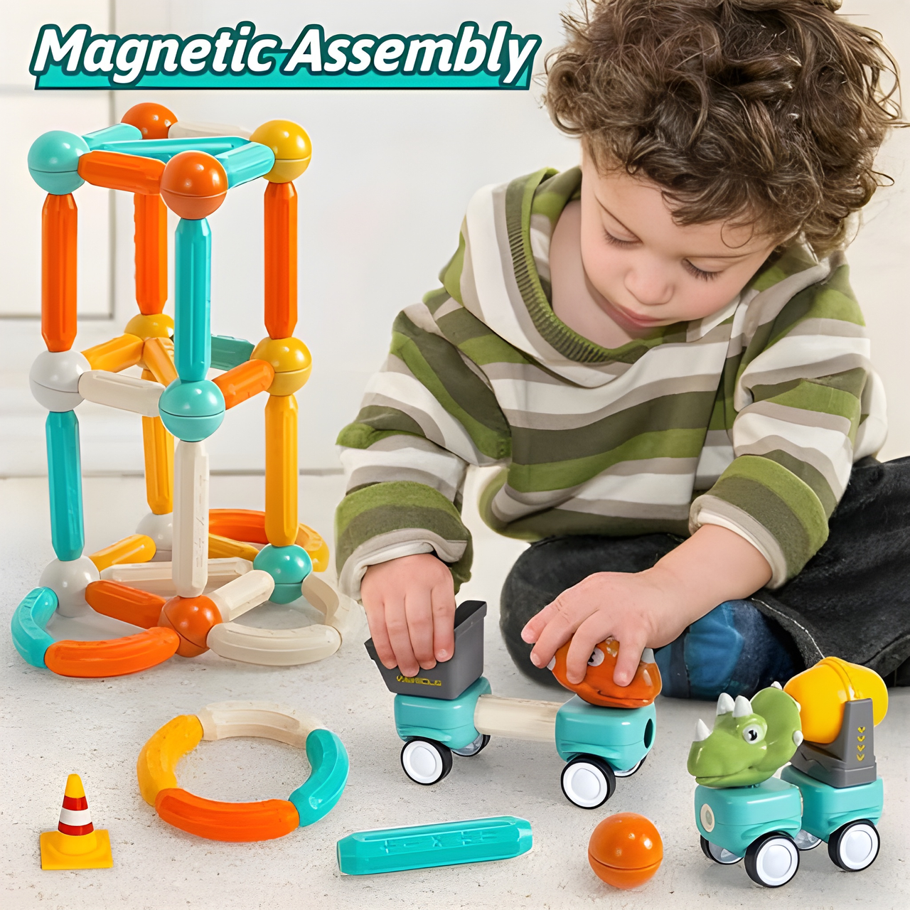 DIY MAGNETIC RODS DINOSAUR CONSTRUCTION TRUCK TOY - 58PCS