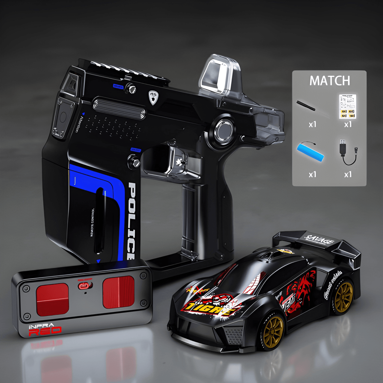 3 IN 1 POLICE SPORT RACING CAR WITH GUN-STYLE REMOTE