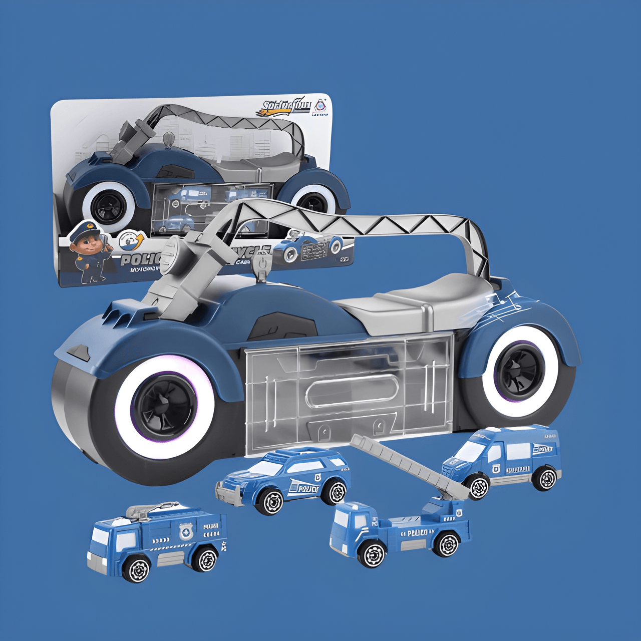 POLICE TRANSPORT TRUCK TOY WITH 4 MINI POLICE CARS