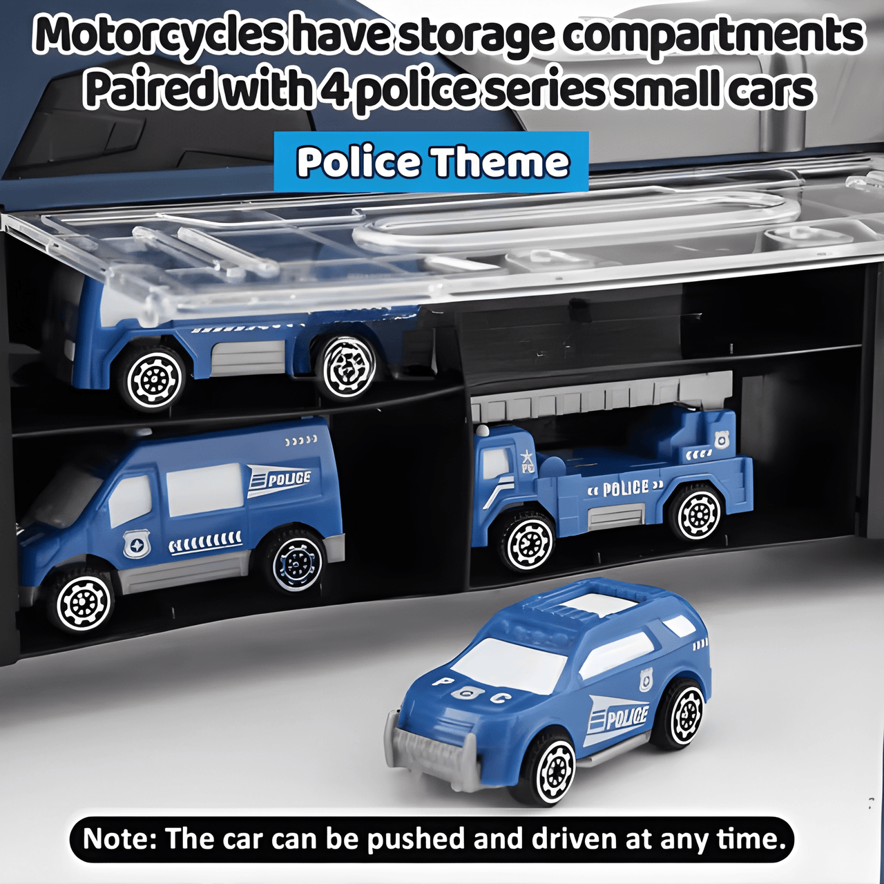 POLICE TRANSPORT TRUCK TOY WITH 4 MINI POLICE CARS