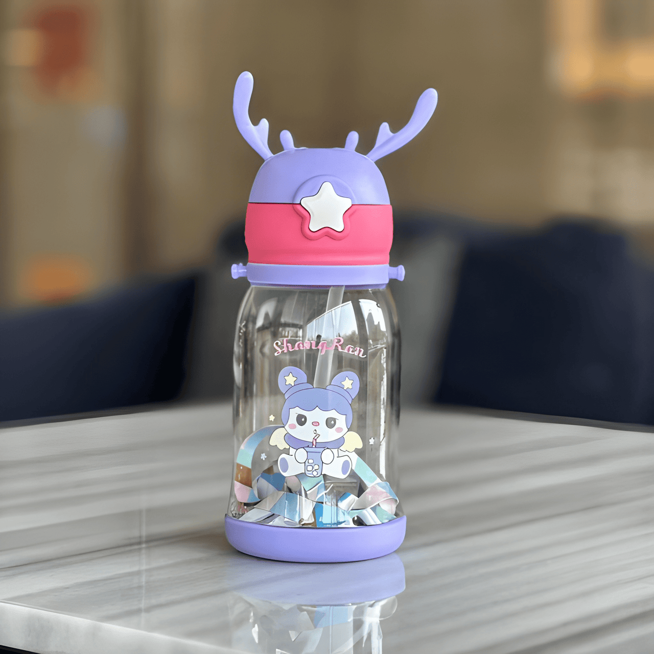 DEER HORN PLASTIC WATER BOTTEL WITH STRAW FOR KIDS ( PACK OF 1 )