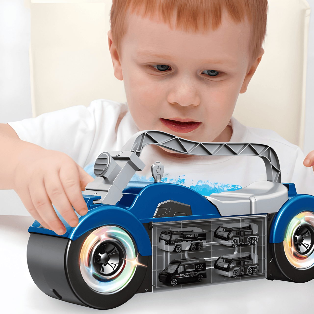 POLICE TRANSPORT TRUCK TOY WITH 4 MINI POLICE CARS