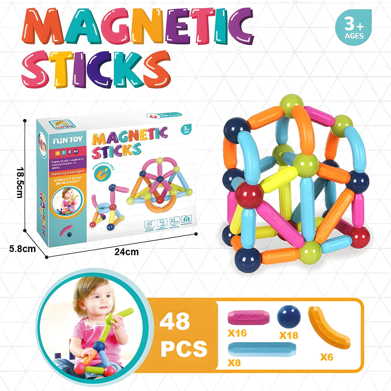 MAGNETIC STICK BUILDING BLOCKS SET 48 PCS - MULTI COLOR