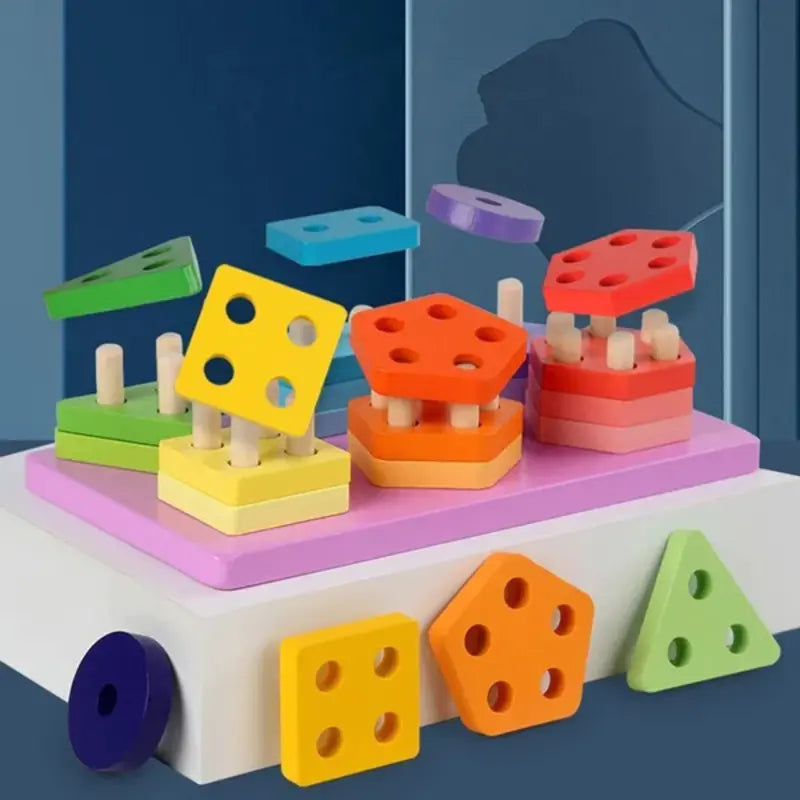 WOODEN COLORFUL BUILDING BLOCKS SIX SETS OF COLUMNS